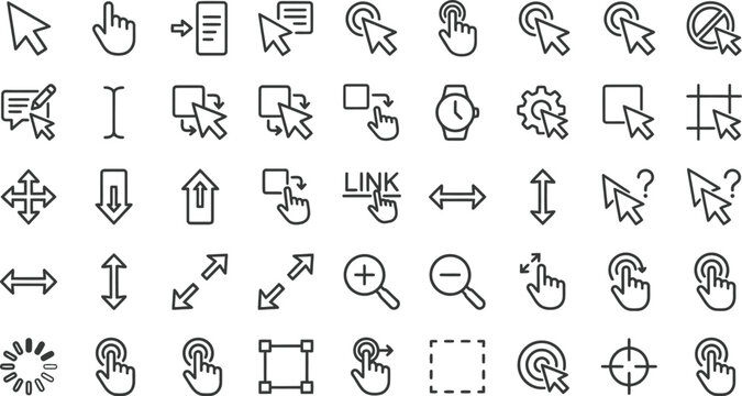 Extensive collection of hand cursor and mouse pointer line icons for digital interface design and user experience with minimize question crosshair interface experience