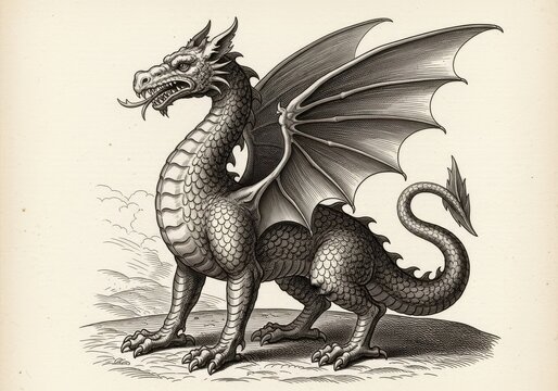 Majestic winged dragon with open maw and bat-like tail