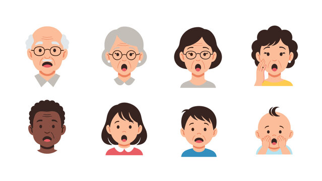 Collection of diverse people from different age groups displaying shocked and surprised facial expressions with wide eyes and open mouths.
