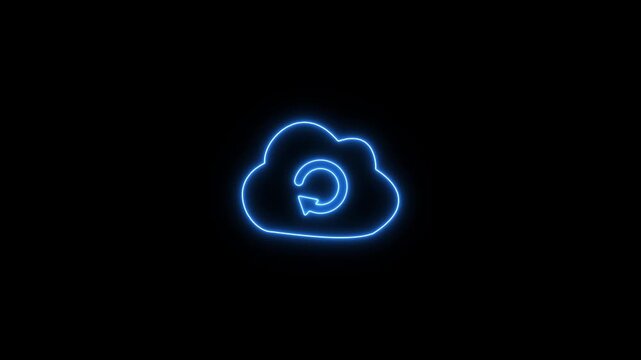 Cloud computing glowing neon animation on black background.