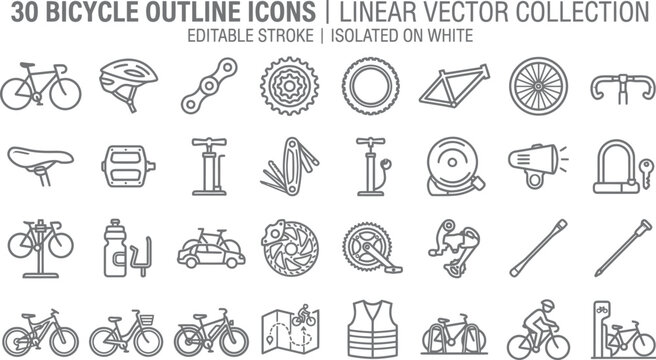 30 bicycle outline icons collection for cycling biking sports outdoor leisure activities water bottle activity exercise recreation transport lifestyle collection
