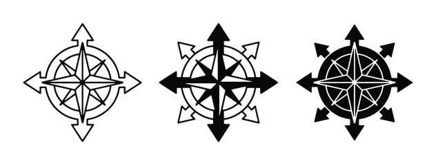 black and white compass symbols with directional arrows in various styles © Rukhsana