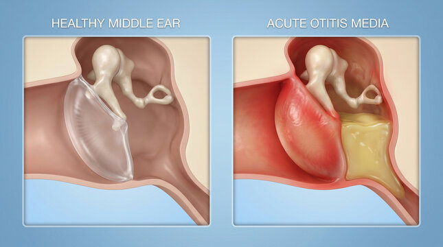 Healthy Middle Ear vs Acute Otitis Media Infection Illustration