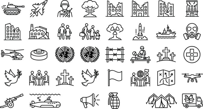 War military conflict violence army weapon destruction outline icons set with gas mask barbed wire military conflict violence destruction explosion refugees helicopter