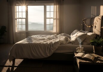 Obraz premium Sunlit Morning Serenity - A Cozy Bedroom Scene.