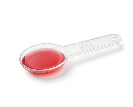 Medicine Measure: A transparent measuring spoon, precisely calibrated with a bright red liquid medication, epitomizes precision and care within healthcare.