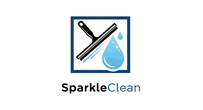 SparkleClean logo with squeegee and water drop in a blue square.
