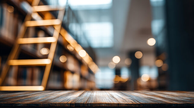 Empty wooden table with bookshelves and ladder in blurred library background, bookshelves