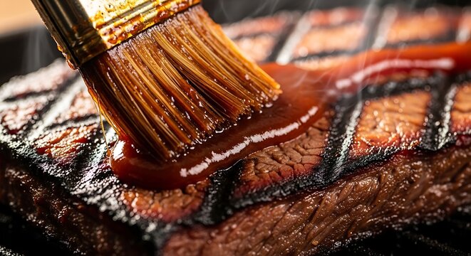 Barbecue sauce brushed on grilled beef steak with smoking heat.