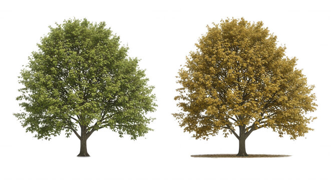 Two deciduous trees isolated on a black background, one with vibrant green summer leaves and one with golden brown autumn foliage