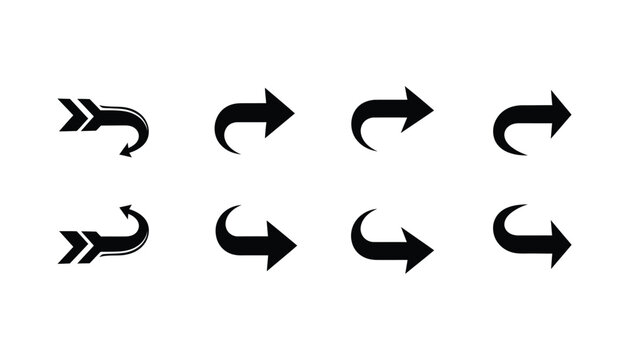 Set of black arrow icons with curved design for user interface navigation or digital application buttons isolated on white background as modern vector graphic interface elements for website menu.
