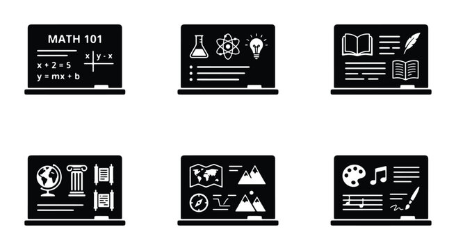 vector math education icons on laptop screens with various subjects and tools