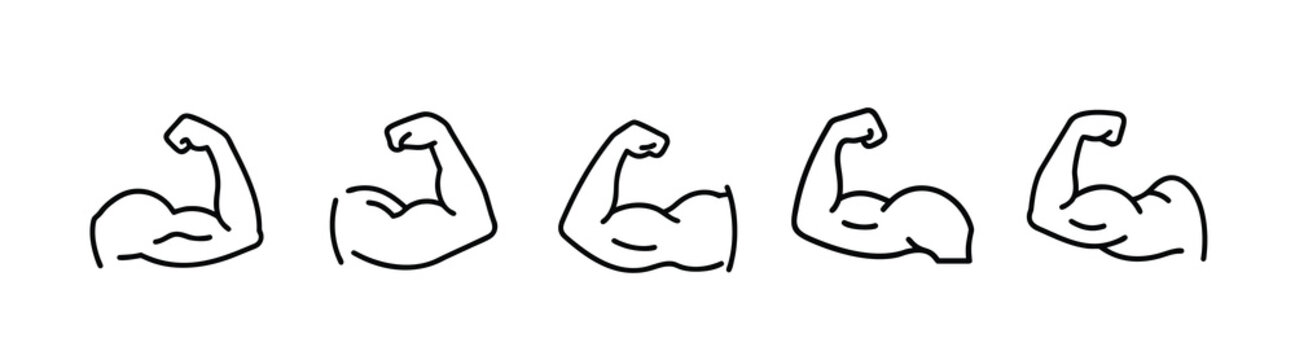 Strong muscle and fitness web line icons set flexing biceps strong muscle arm bodybuilding power fitness strength gym workout & more vector illustration with editable stroke