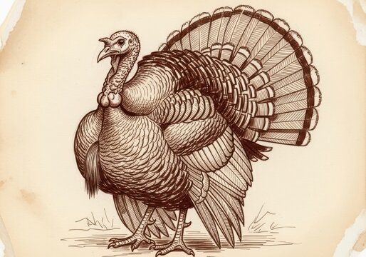 Majestic turkey with fully fanned tail in classic illustration style