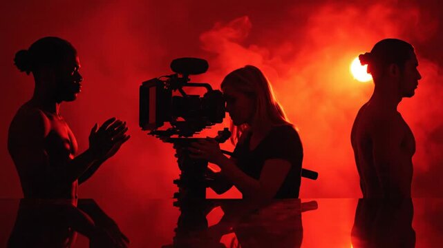 Cinematic behind-the-scenes video production with silhouetted filmmaker, camera operator, and actor in dramatic red smoke lighting, creative studio setup, filmmaking concept.