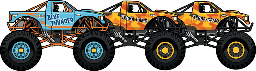 Monster Truck Icon Set with Blue and Orange Custom Trucks, Huge Wheels, Off-Road Vehicles, and Extreme Racing Designs © MdRaisul