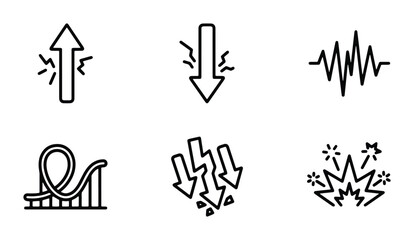 arrow up and down lightning bolt heart rate monitor roller coaster falling arrows explosion with sparks set of line art © Foysal