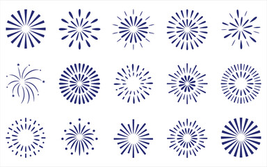 Obraz premium Collection of Blue Starburst Fireworks Icons and Sunburst Shapes on White Background