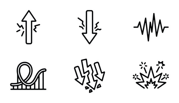 arrow up and down lightning bolt heart rate monitor roller coaster falling arrows explosion with sparks set of line art