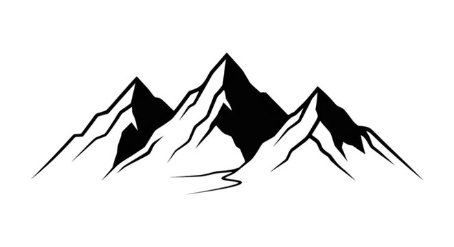A bold black and white vector image of sharp mountain peaks with a winding path leading toward the high snowy summit in distance.