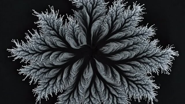 Abstract fractal pattern resembling frost on a dark background, delicate branching structures, symmetrical natural formation, monochromatic tones