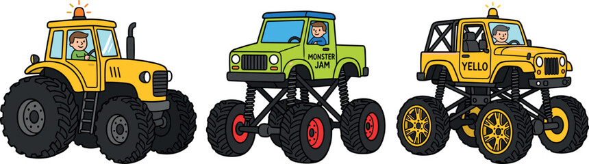 Tractor and Monster Truck Icon Set with Yellow, Green, and Custom Off-Road Vehicles Featuring Large Wheels and Farm, Construction, and Adventure Designs © MdRaisul