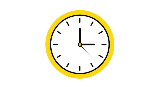 Minimalist yellow wall clock vector illustration, modern analog timepiece showing three o'clock, simple round clock icon for business scheduling