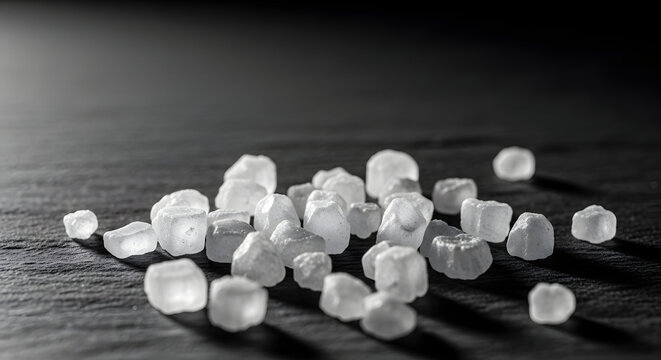 A pile of small white crystalline objects on a dark surface
