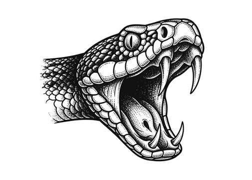 Snake Head with Open Mouth and Fangs in Detailed Crest. Hand drawn vintage engraved, vector illustration.