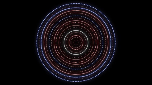 Abstract loopable 4K motion graphic featuring dashed segmented glowing neon rings in neon and neon. Perfect for futuristic HUDs, sci-fi interfaces, cyberpunk backgrounds, and high-tech digital environ