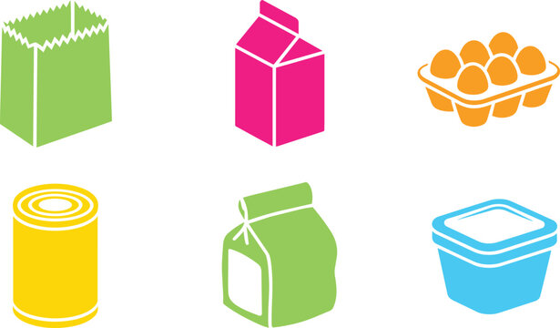 Colorful grocery food packaging items icons set milk carton can paper bag eggs container isometric