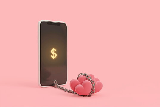 Social media monetization concept, smartphone connected to heart icons with chain, online engagement turned into profit