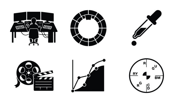 black and white vector illustrations of various subjects including technology film science business analytics