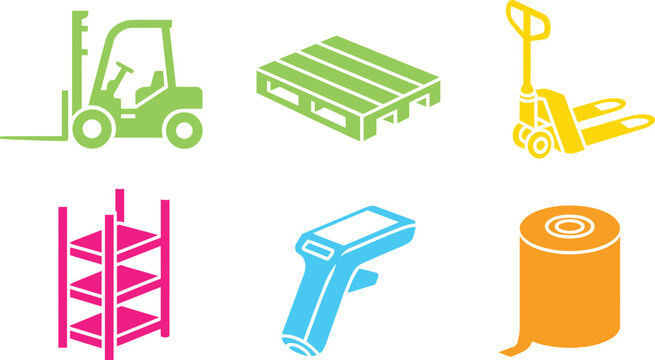 Logistic warehouse items icons set with forklift pallet jack rack scanner and roll with web design