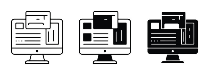 black and white outline set of three desktop computers on stands with various screen interfaces including emails and © Promi