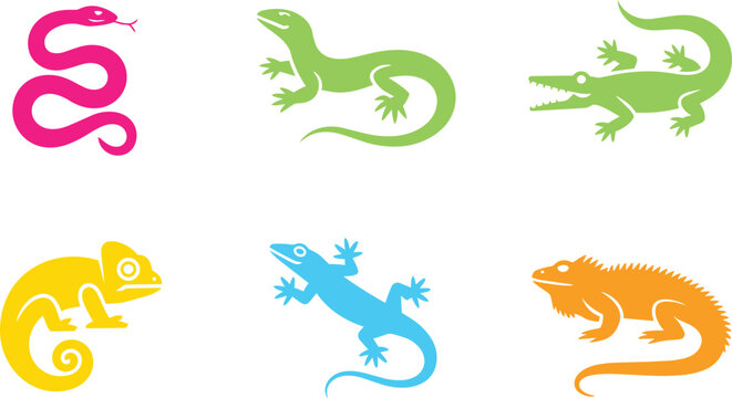 Reptile icons set with snake lizard alligator chameleon iguana and gecko on white background