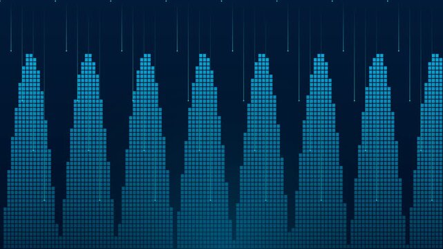 Abstract Digital Audio Waveform Visualization Dark Blue Background Neon Blue Bars Pulsating Rhythm Dynamic Sound Waveform Graphic Representation