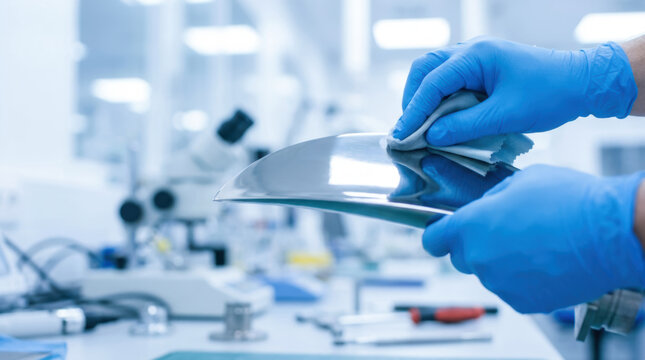 R&D Engineer, Polished metal surface being cleaned with gloved hand in bright laboratory environment