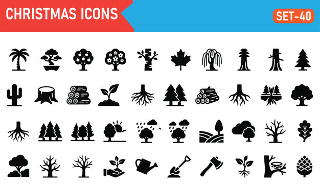 Diverse white background christmas icons set trees plants festive holiday graphics