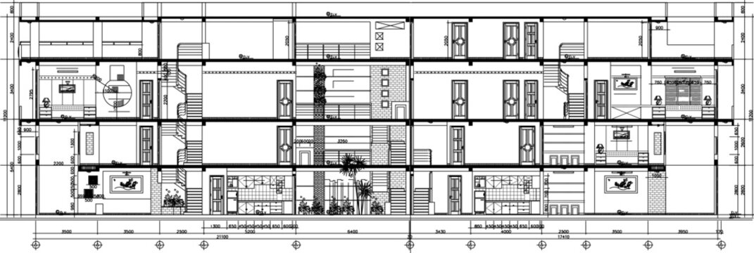 Vector design sketch illustration of 3 Story House Plans, Faces and Sections Details construction