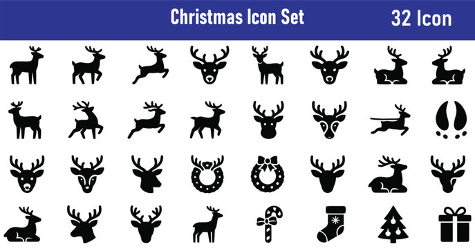 Festive white background christmas icons 32 reindeer wreath gift holiday symbols