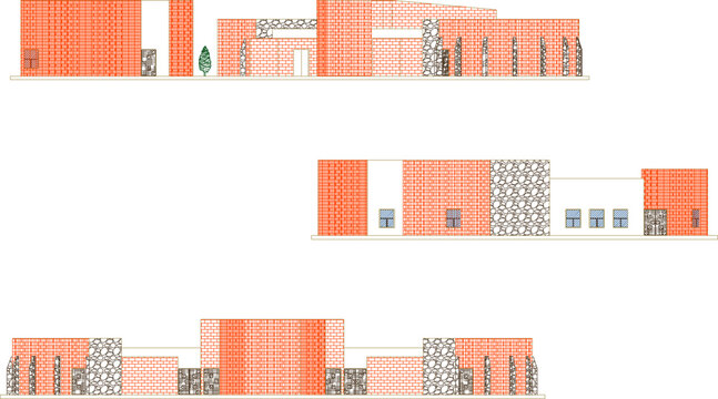 Vector design sketch illustration of silhouette of cultural center building construction, floor plan, elevation and section