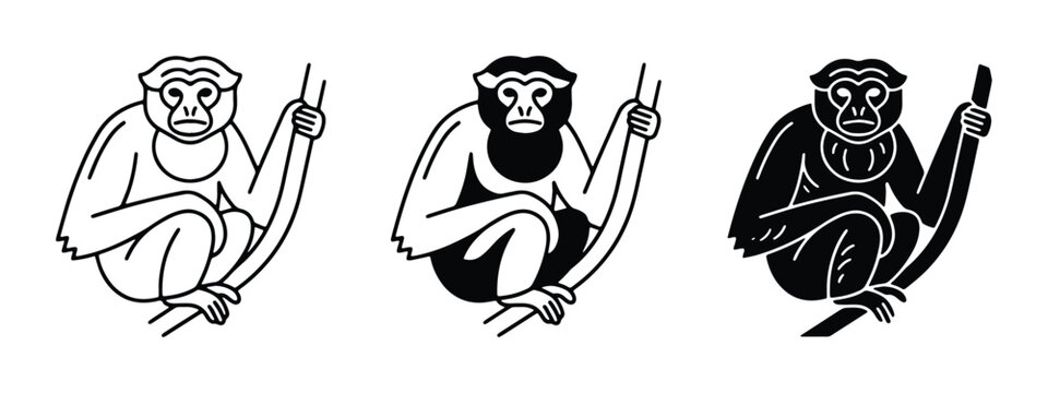 three monkeys sitting on branches with expressive faces and holding sticks in their hands