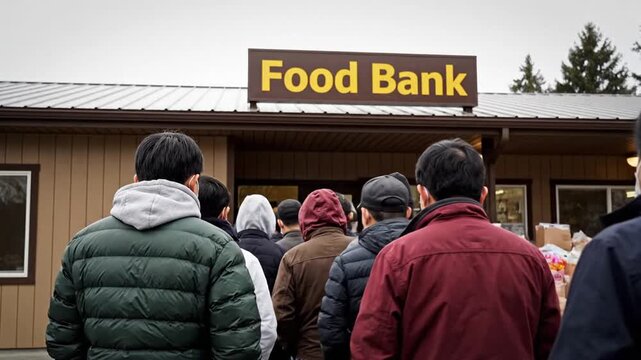 People lining up at a food bank for community support and aid, highlighting poverty, food insecurity, humanitarian assistance, social welfare, and economic hardship.