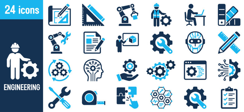 Engineering and manufacturing icons set for industrial project management, technical vector symbols for mechanical development and robotic automation