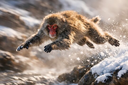 This high quality digital artwork showcases a snow macaque jumping dynamically over a fast river. Highly suitable for dynamic advertising marketing materials and creative web projects.