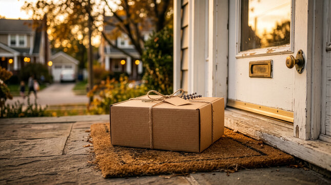 Cardboard Package Delivered on Porch Stoop Urban Residential Property Arrival Merchandise Unboxing Service