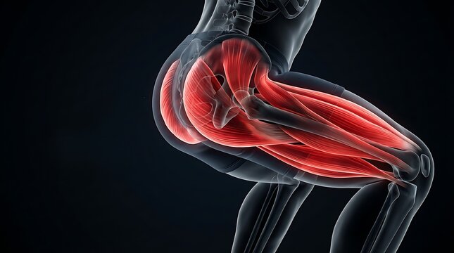 Anatomical 3D rendering of human gluteal and hamstring muscles in glowing red, detailed on transparent silhouette, representing strength, fitness, and physical health for medical and sports concepts