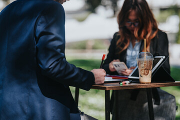 Two business colleagues work outdoors at a small table with a tablet, phone and notes. The pair...