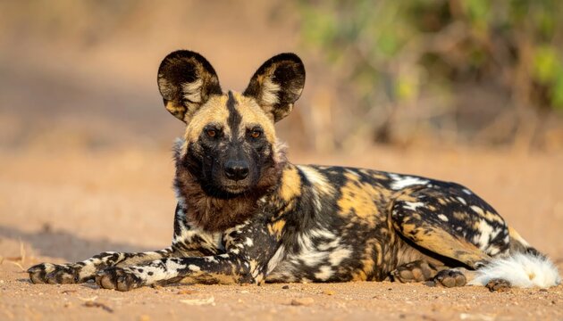 African Wild Dog Lying Down on Sandy Ground in Natural Habitat.